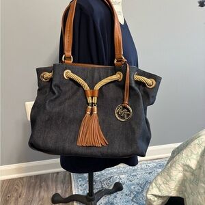MICHAEL KORS DENIM & LEATHER DRAWSTRING TOTE / SHOULDER BAG